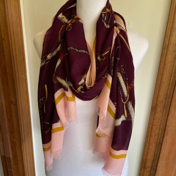 Talbots Mulberry Pink Printed Frayed Oblong Scarf Modal Equestrian Print - Picture 6 of 13